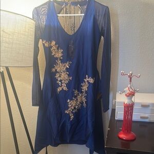 Elegant Blue Dress with Gold Embroidery
